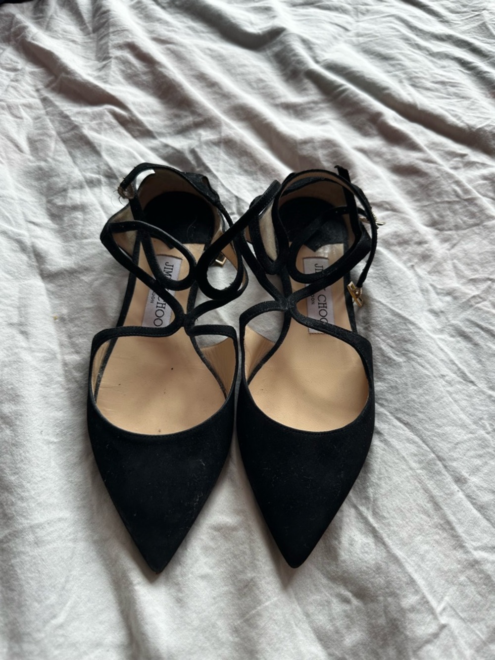 Jimmy Choo Black Suede Pointed Toe Ankle Strap Flats Size 36